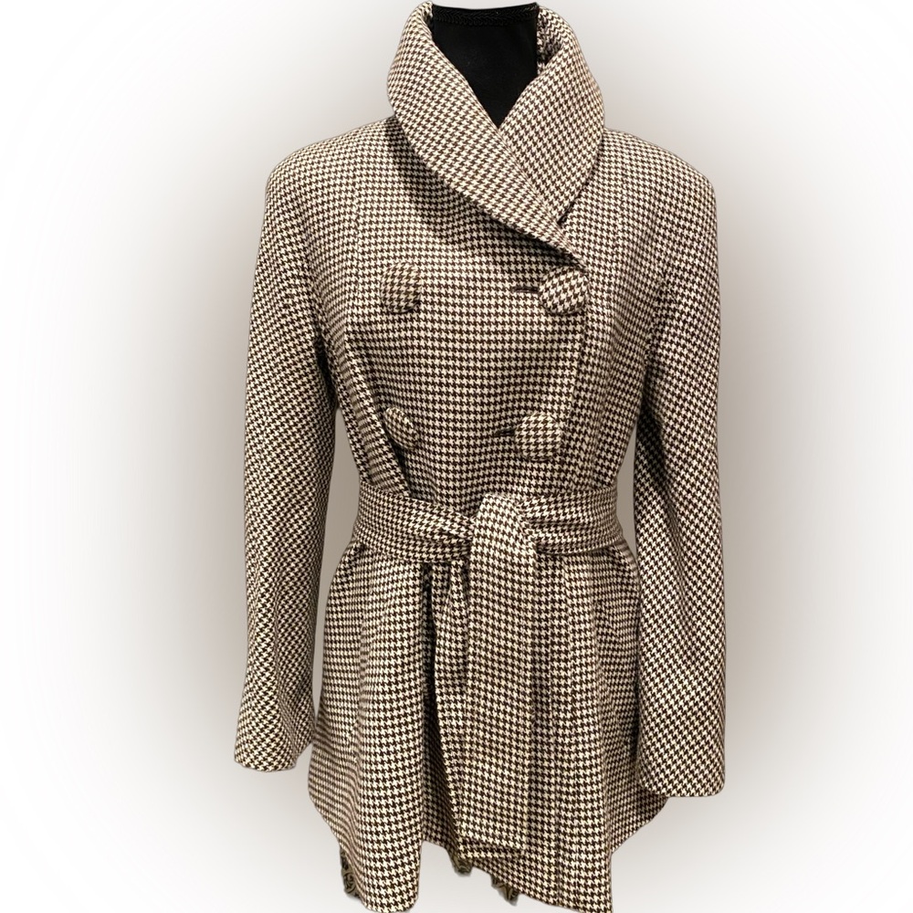 Luxurious Zimmermann Brown and Ivory Houndstooth Wool Designer Coat